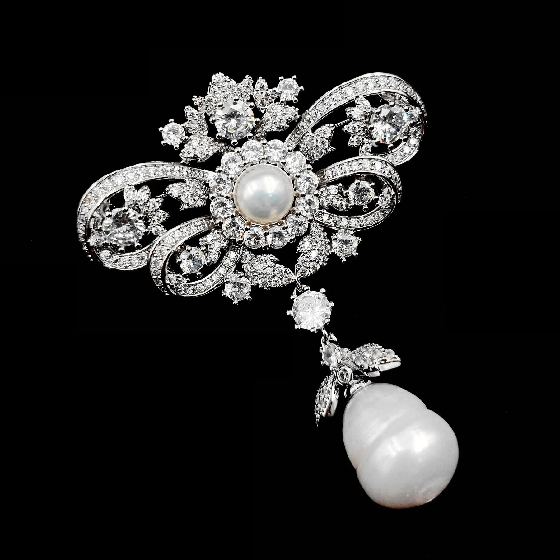 Jewelblings Queen Vintage Silver Tone Double Ribbon Bow & Imitated Baroque Pearl Drop Brooches Pins Edwardian Wedding Bridal Guest Accessory