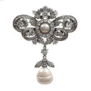 Jewelblings Queen Vintage Silver Tone Double Ribbon Bow & Imitated Baroque Pearl Drop Brooches Pins Edwardian Wedding Bridal Guest Accessory