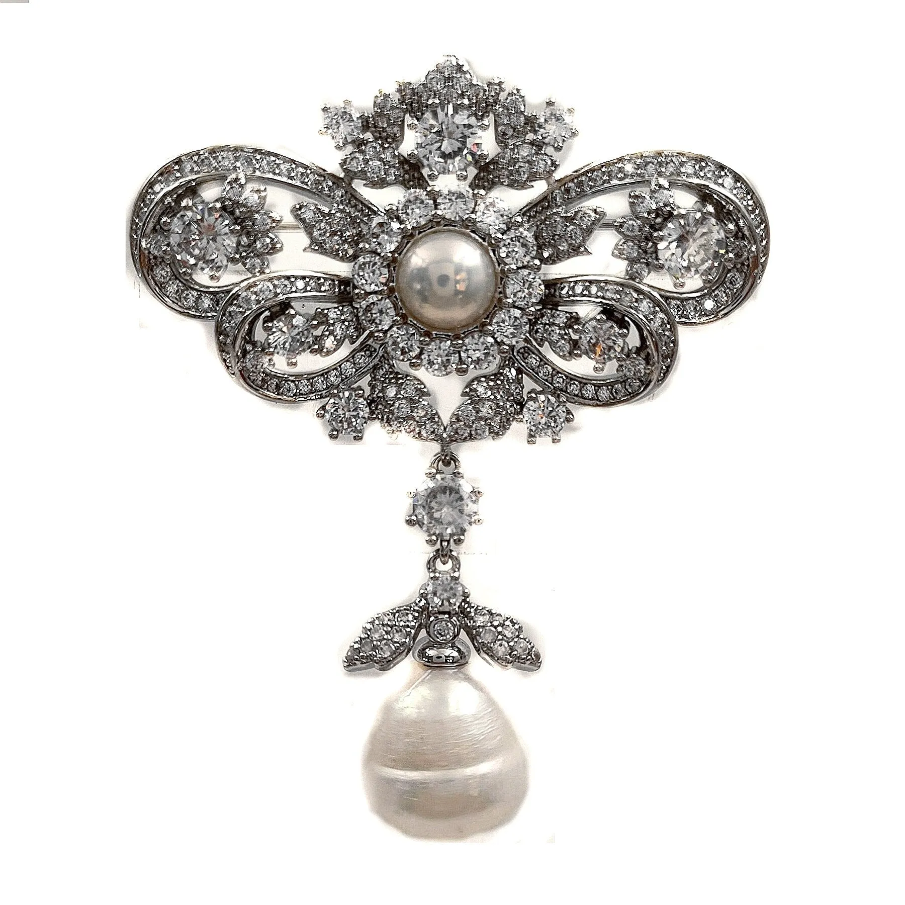 Jewelblings Queen Vintage Silver Tone Double Ribbon Bow & Imitated Baroque Pearl Drop Brooches Pins Edwardian Wedding Bridal Guest Accessory