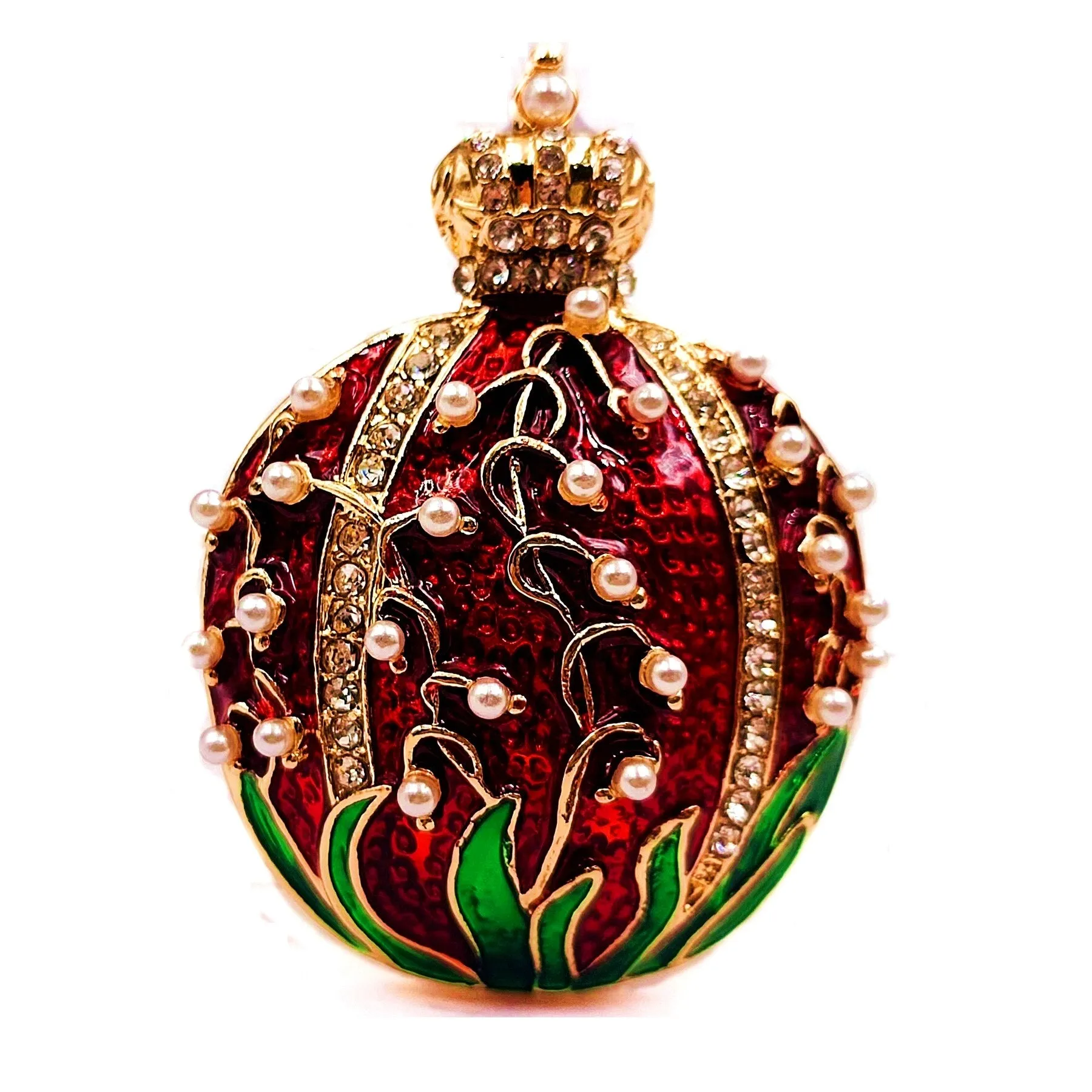 Jewelblings Vintage Crown Top Pearl Red Green Enamel Easter Egg Brooches Pins Metropolitan Church Festival Jewelry