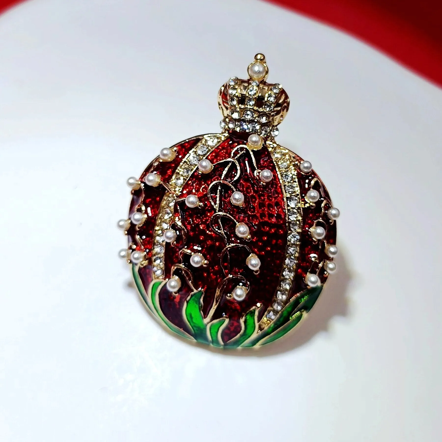 Jewelblings Vintage Crown Top Pearl Red Green Enamel Easter Egg Brooches Pins Metropolitan Church Festival Jewelry
