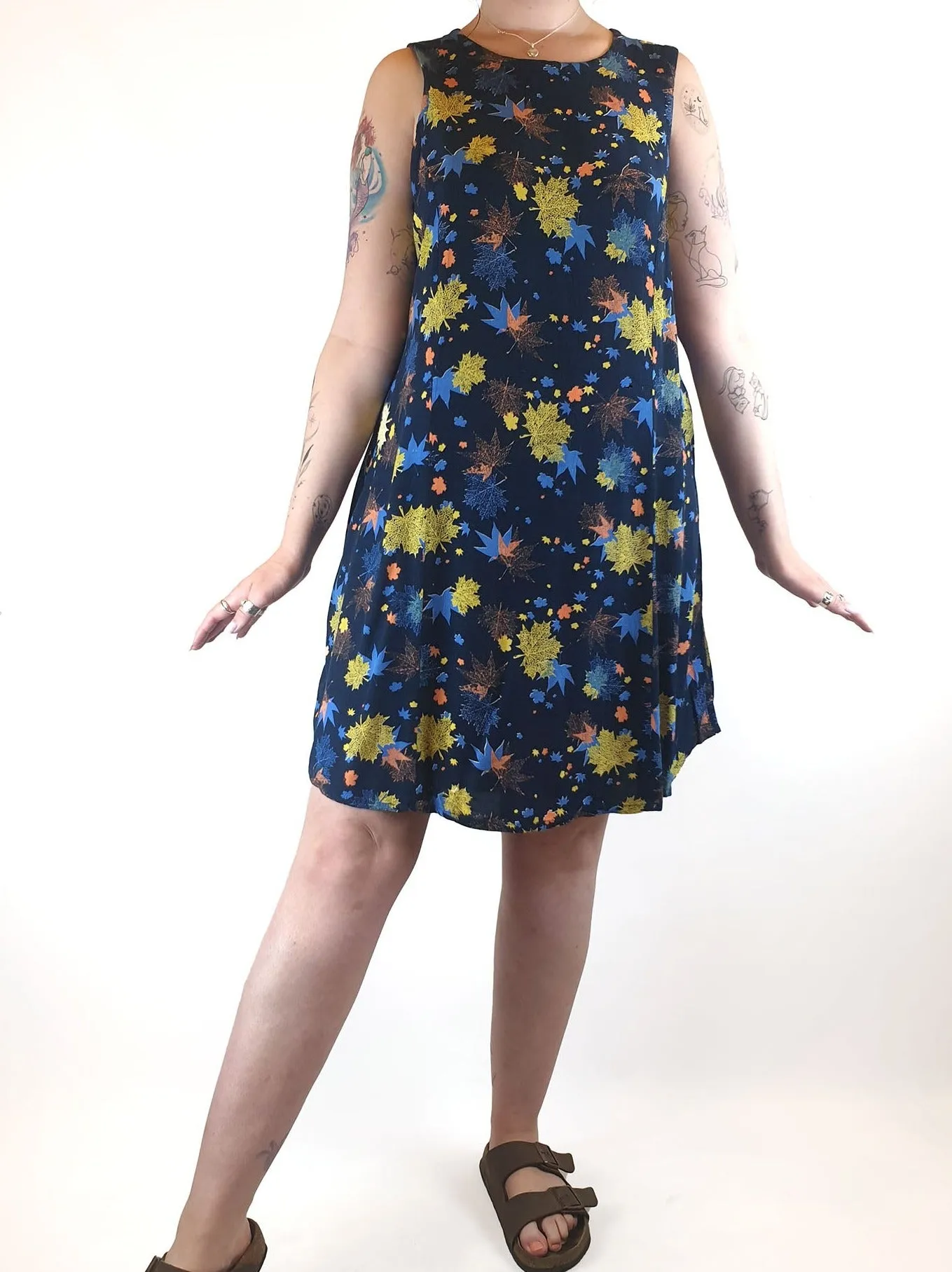 Leonard St navy sleeveless slip dress with autumn leaves sprint size 12