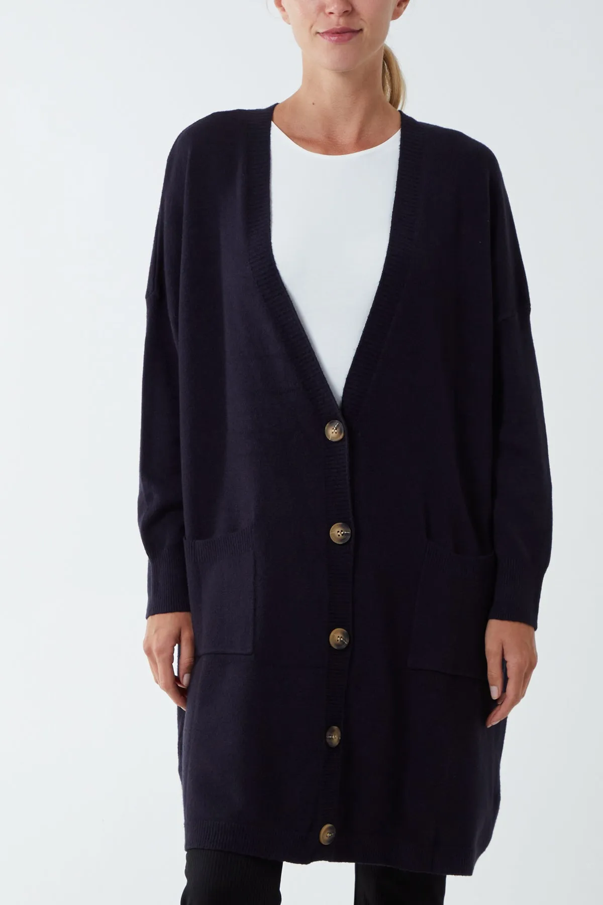 Longline Tortoiseshell Button Pocket Cardigan