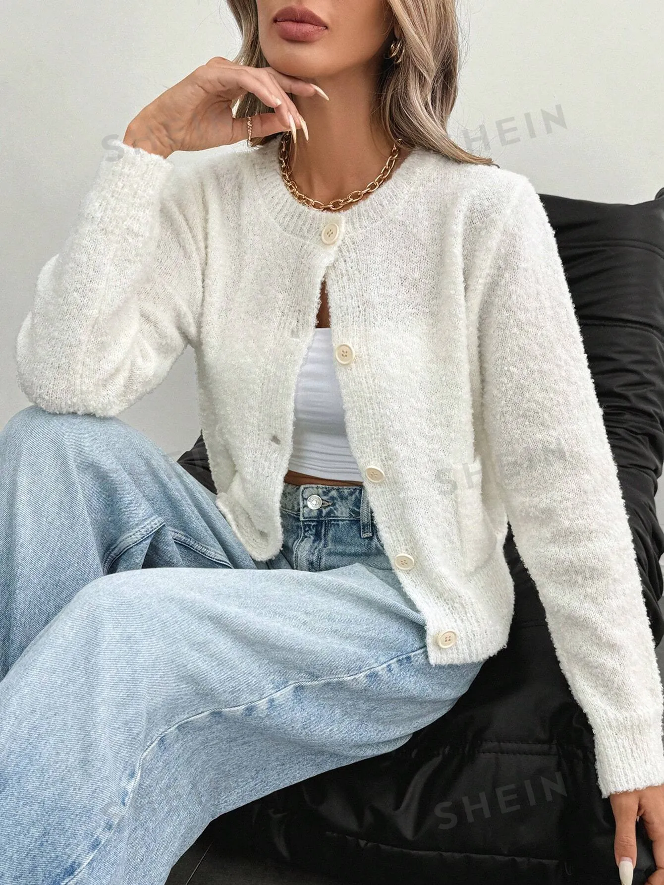 LUNE Elegant Short Cardigan Sweater For Women, Made Of Circular Mesh Fabric