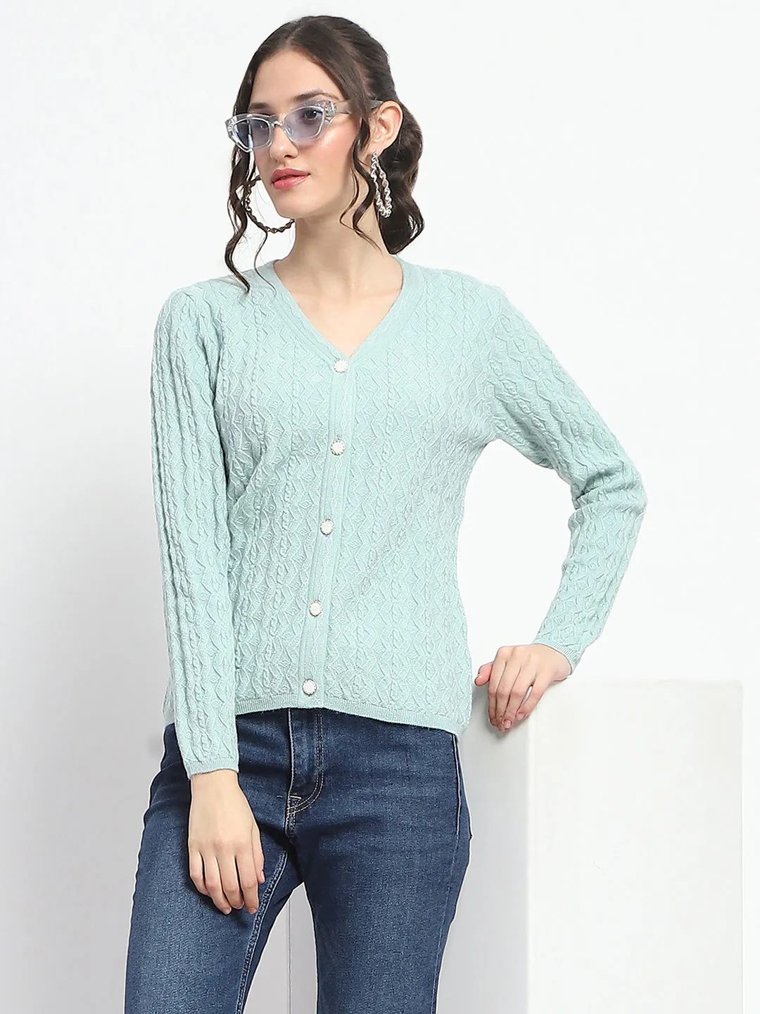 Madame Cable Knit Self Design Solid Mint Green Acrylic Cardigan