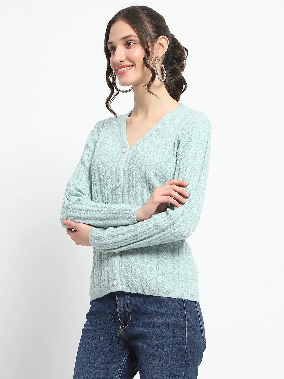 Madame Cable Knit Self Design Solid Mint Green Acrylic Cardigan