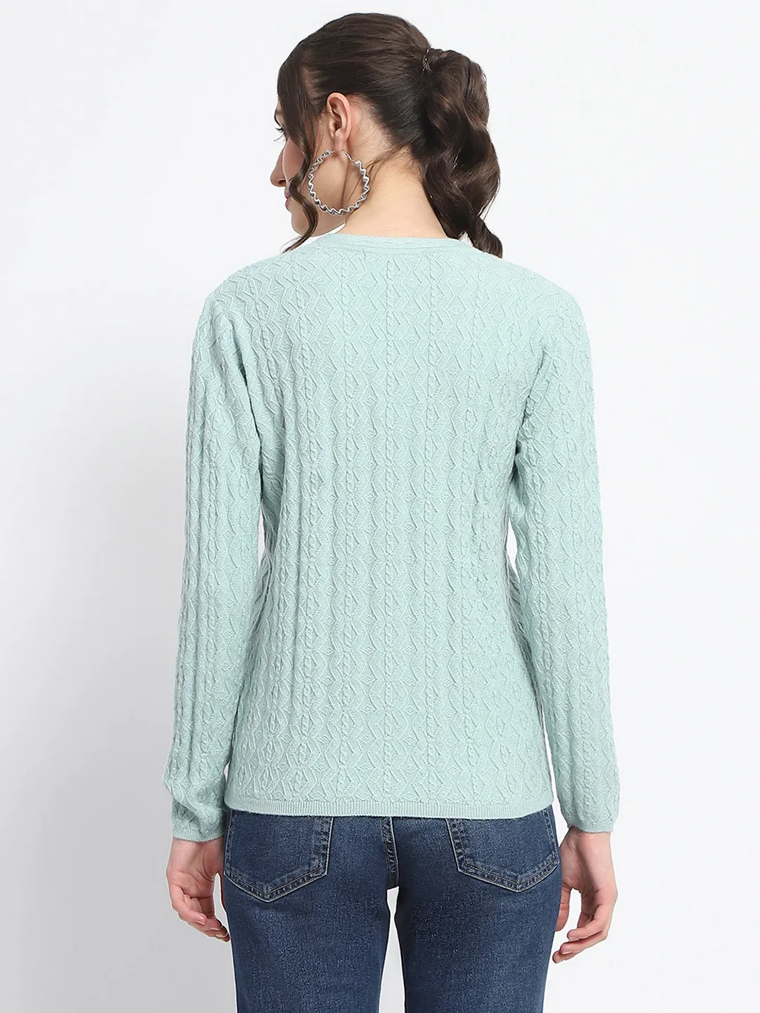 Madame Cable Knit Self Design Solid Mint Green Acrylic Cardigan