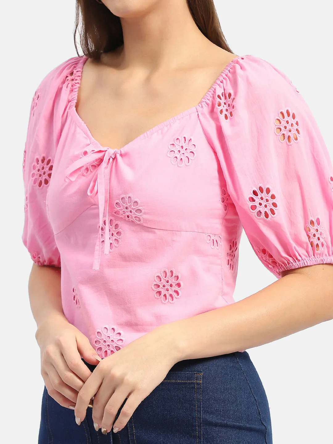 Madame Sweetheart Neck Pink Schiffli Top