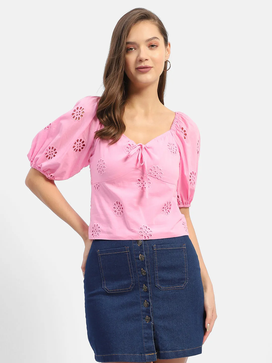 Madame Sweetheart Neck Pink Schiffli Top