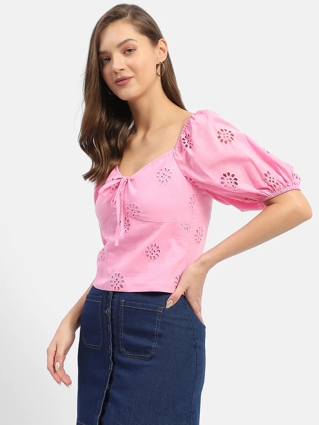 Madame Sweetheart Neck Pink Schiffli Top
