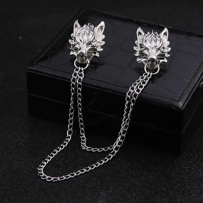 MAN SUIT SHIRT COLLAR TASSEL CHAIN LAPEL PIN BROOCH THE WOLF BADGE RETRO PINS WEDDING DRESS PARTY DANCE NECKWARE ACCESSORIES