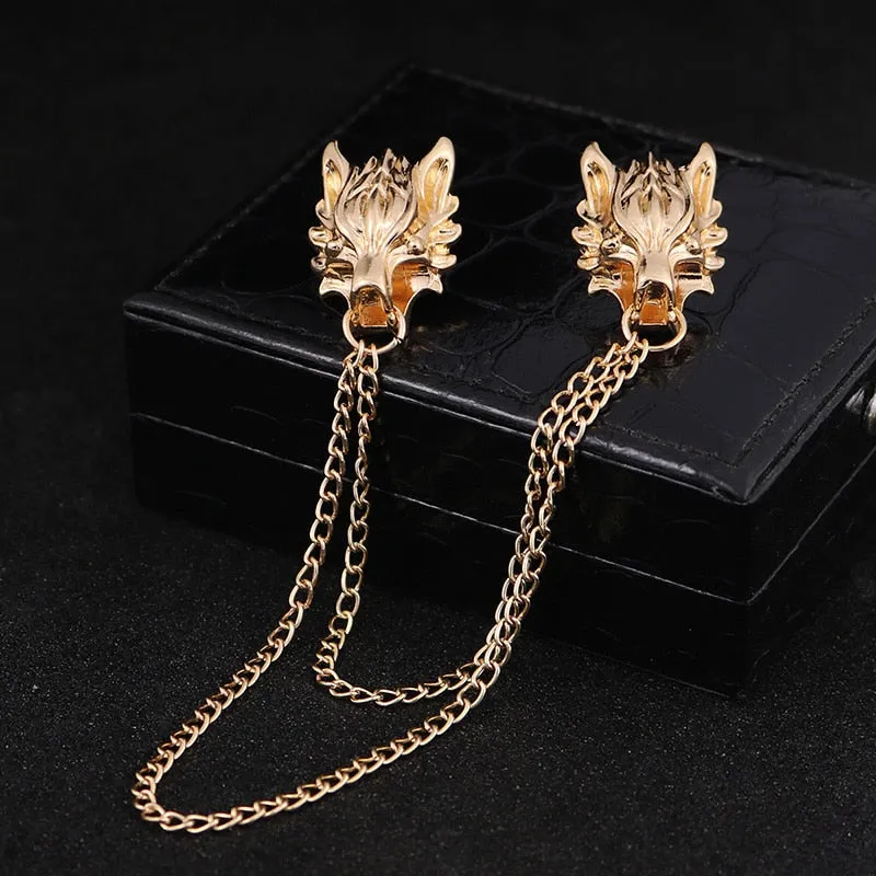 MAN SUIT SHIRT COLLAR TASSEL CHAIN LAPEL PIN BROOCH THE WOLF BADGE RETRO PINS WEDDING DRESS PARTY DANCE NECKWARE ACCESSORIES