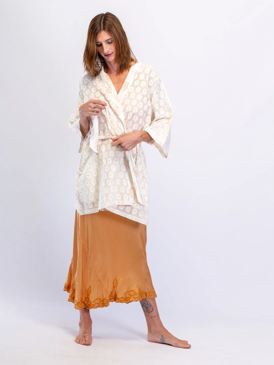 Marilyn Silk Satin Slip Maxi with embroidery ginger