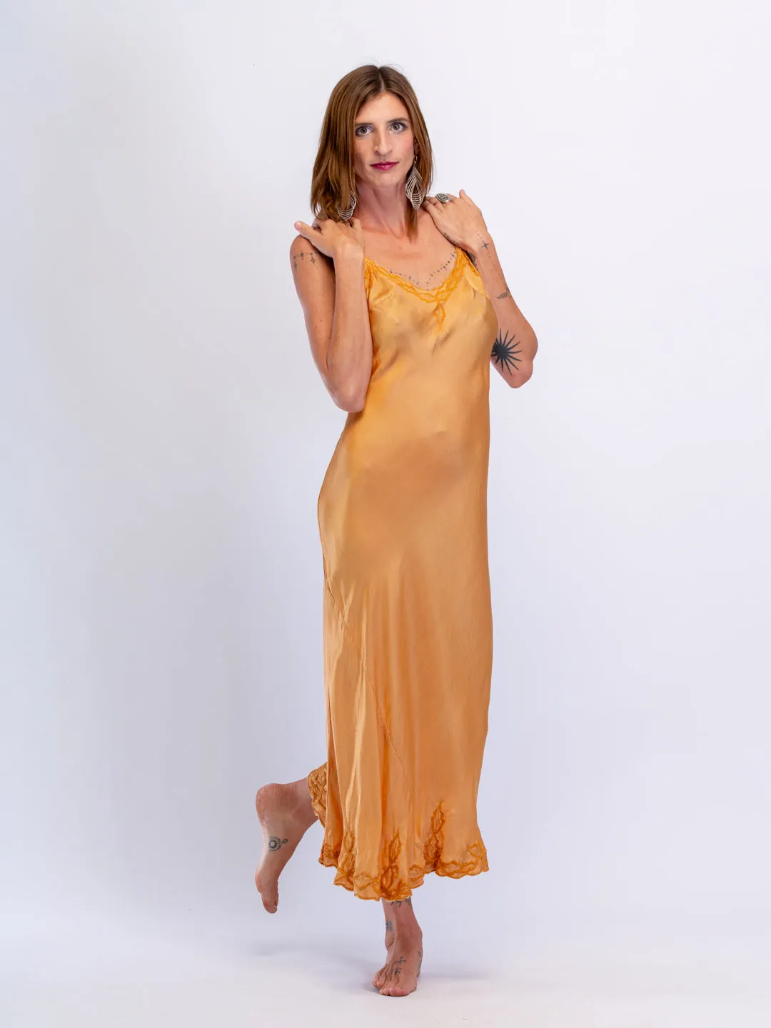 Marilyn Silk Satin Slip Maxi with embroidery ginger