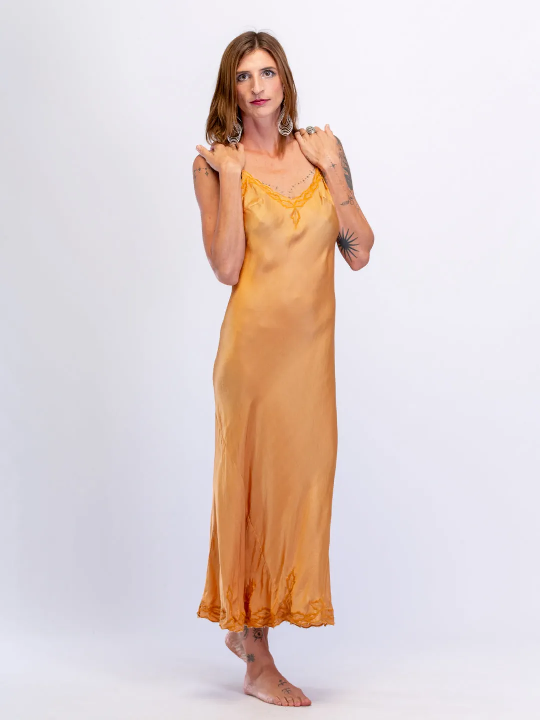 Marilyn Silk Satin Slip Maxi with embroidery ginger