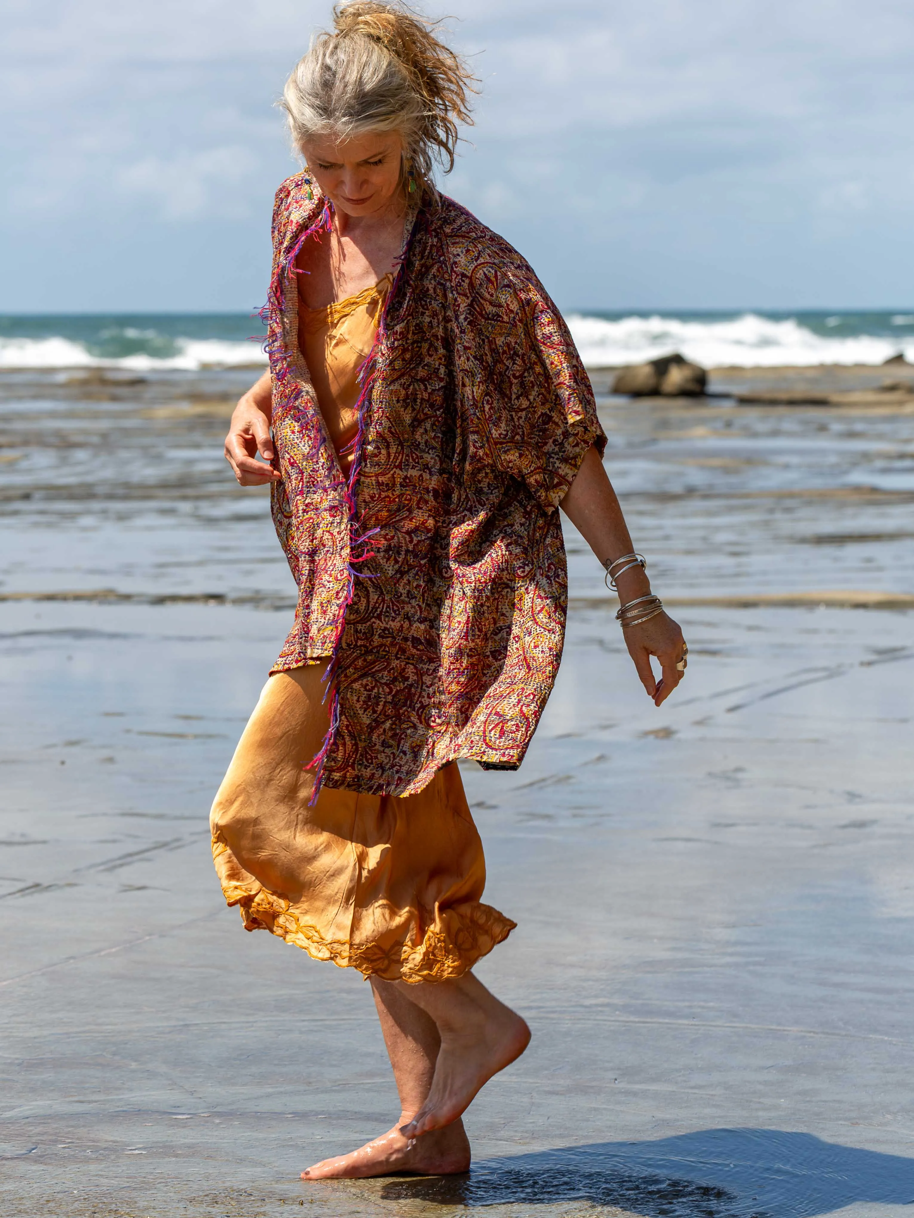 Marilyn Silk Satin Slip Maxi with embroidery ginger