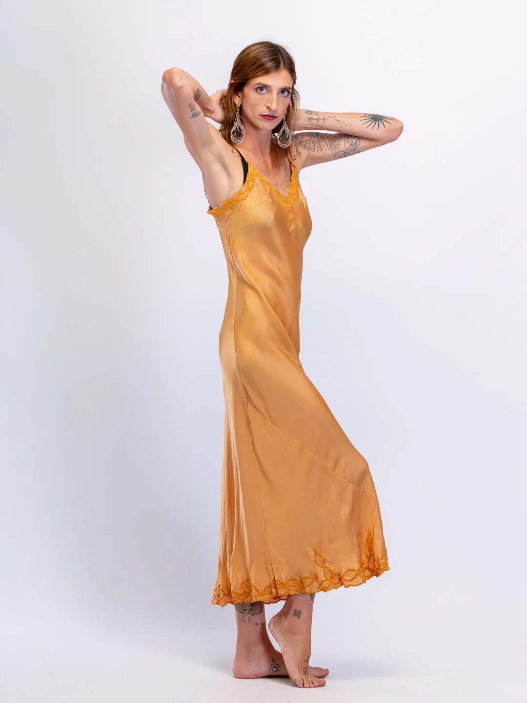 Marilyn Silk Satin Slip Maxi with embroidery ginger