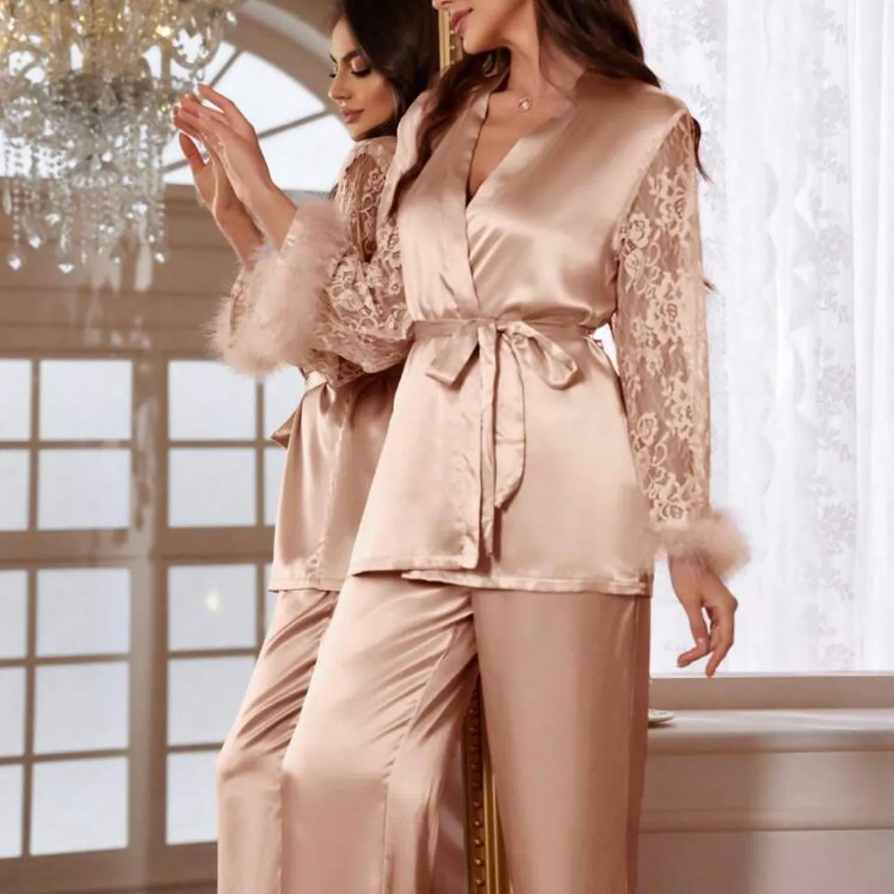 Meldy Silk Lace Robe Pajamas Set - Bronze