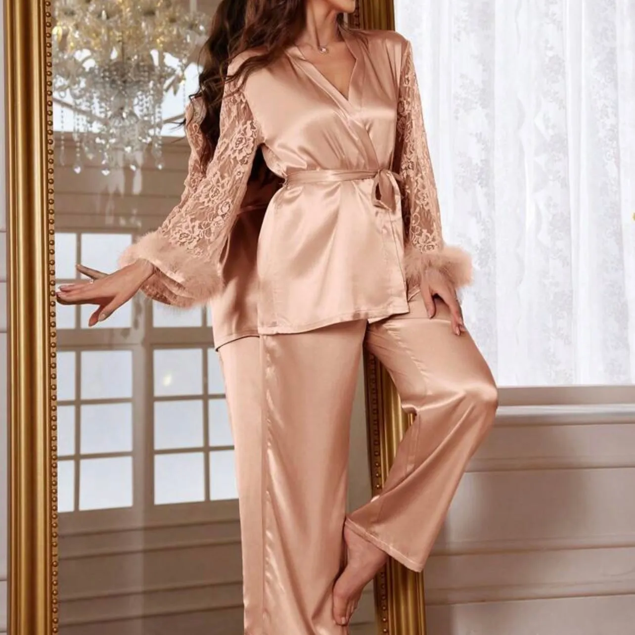 Meldy Silk Lace Robe Pajamas Set - Bronze