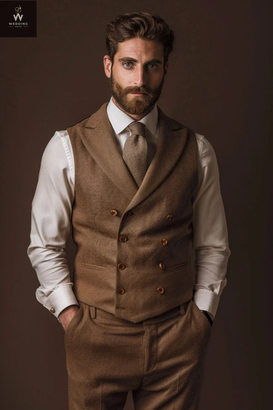 Men's Brown Double Breasted Waistcoat - Wedding Vest for Groom & Groomsmen