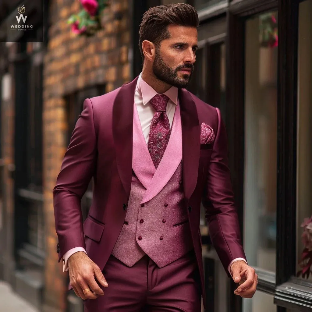 Men's Burgundy 3-Piece Suit – Custom Pink Bespoke Wedding Attire, Tailored Suits for Men