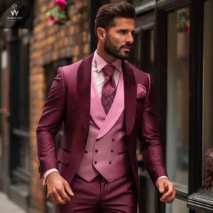 Men's Burgundy 3-Piece Suit – Custom Pink Bespoke Wedding Attire, Tailored Suits for Men