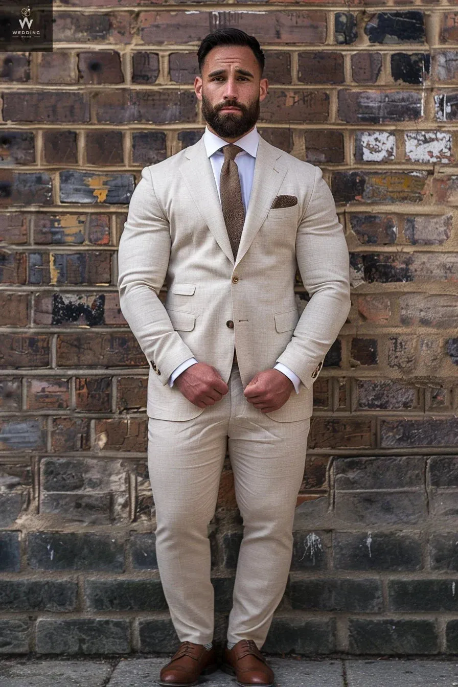 Men's Cream Two-Piece Suit - Custom Made Beige Wedding Suits, Bespoke Tailored Suits for Men