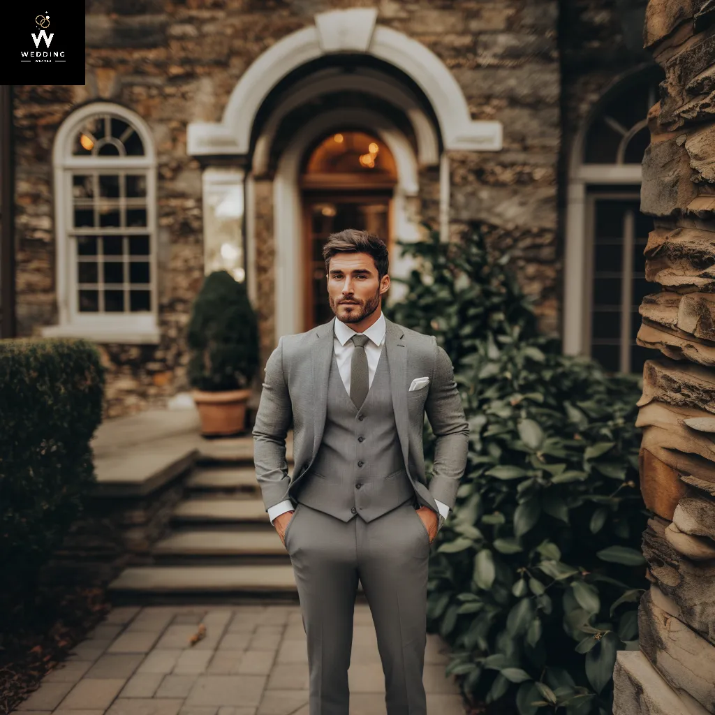 Men’s Grey Merino Wool 3-Piece Suit – Vintage Style with Notch Lapel