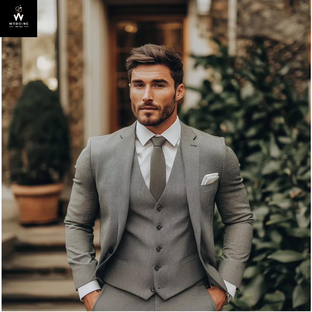 Men’s Grey Merino Wool 3-Piece Suit – Vintage Style with Notch Lapel