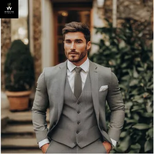 Men’s Grey Merino Wool 3-Piece Suit – Vintage Style with Notch Lapel