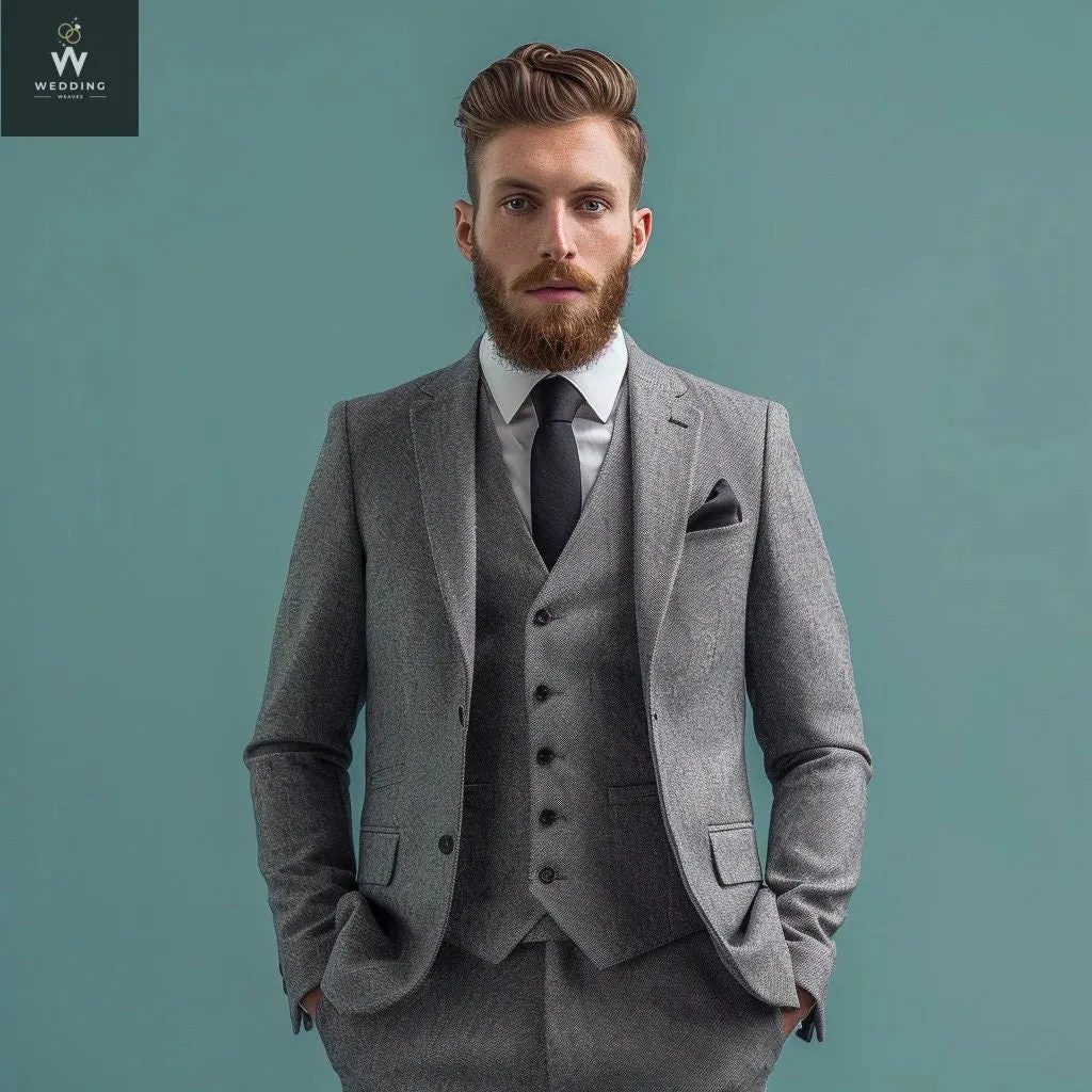Men's Grey Three-Piece Wedding Suit - Custom Made and Bespoke Tailored Suits