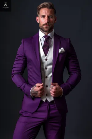Men's Purple Mauve Three-Piece Suit – Bespoke Wedding Attire with White Vest