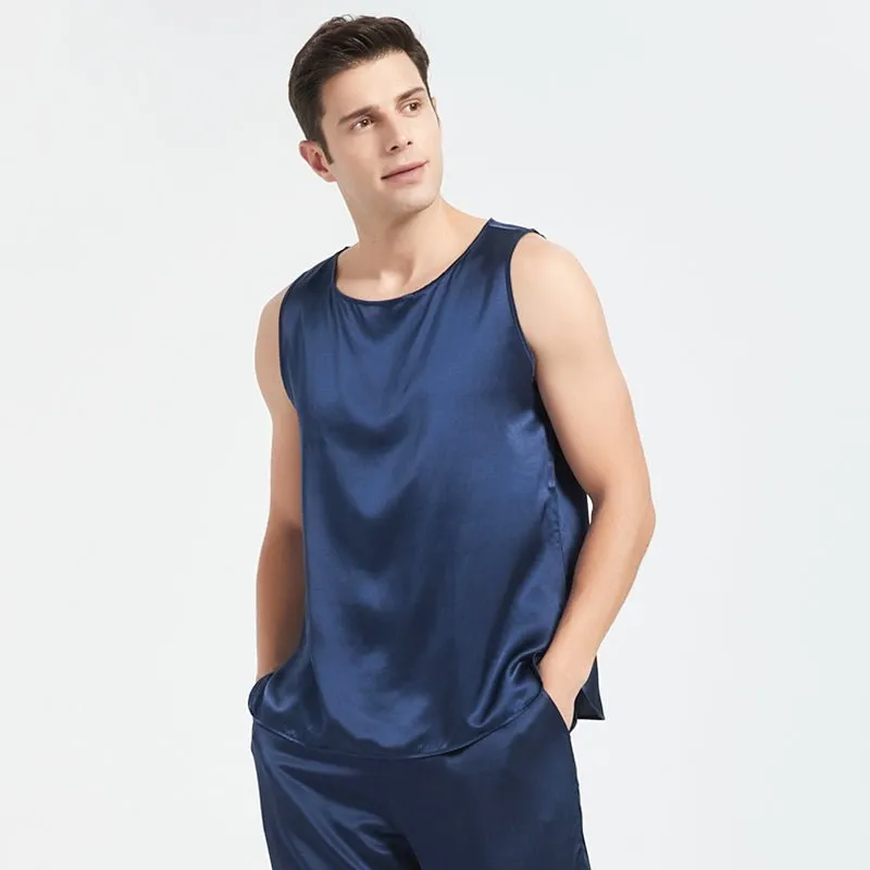 Mens Silk Tank Top Set Sleeveless Short Silk Pajamas Set