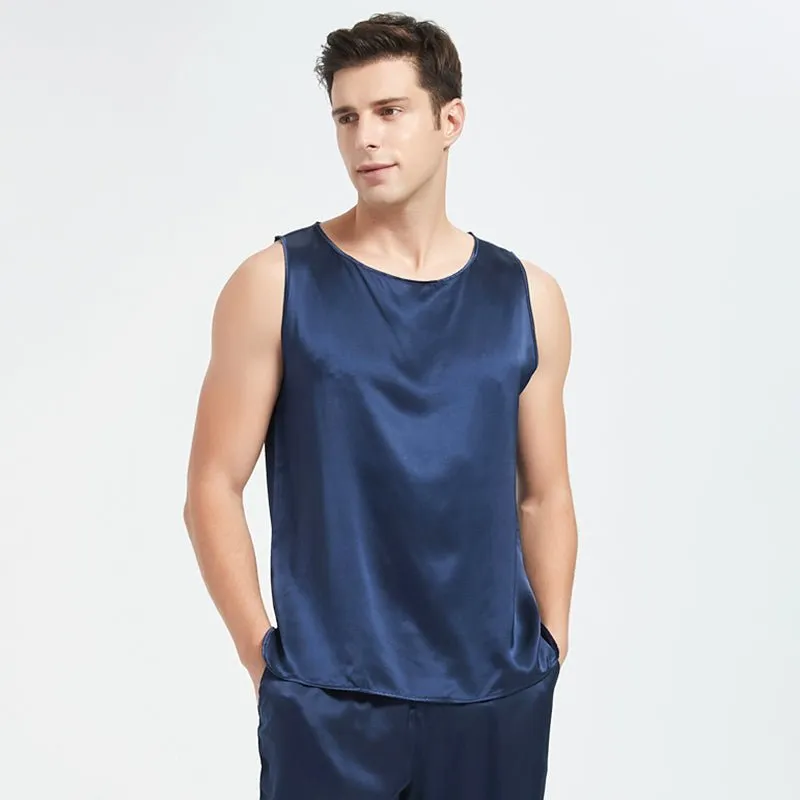 Mens Silk Tank Top Set Sleeveless Short Silk Pajamas Set