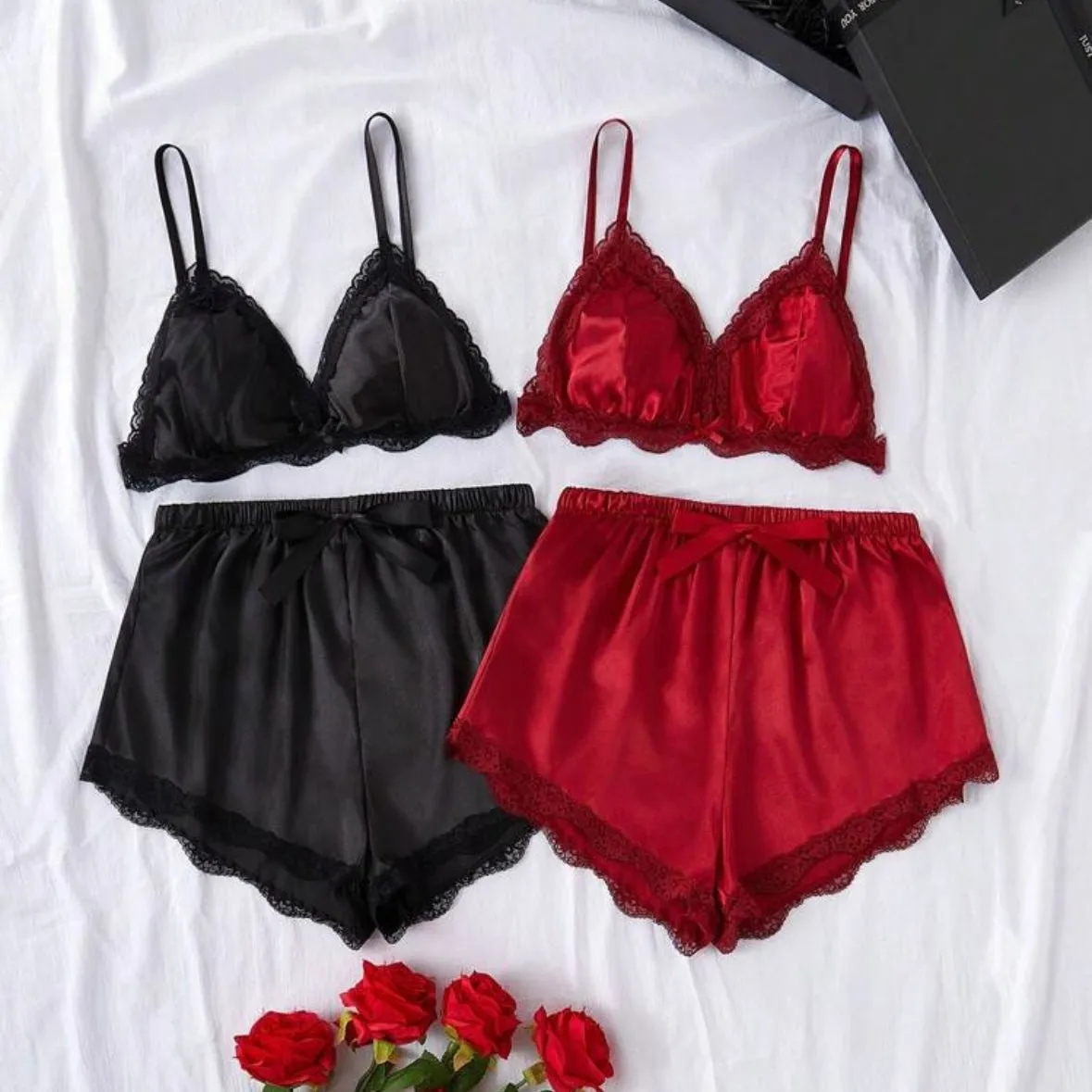 Minahasa Two Pack Pajamas Silk Set = Black & Burgundy