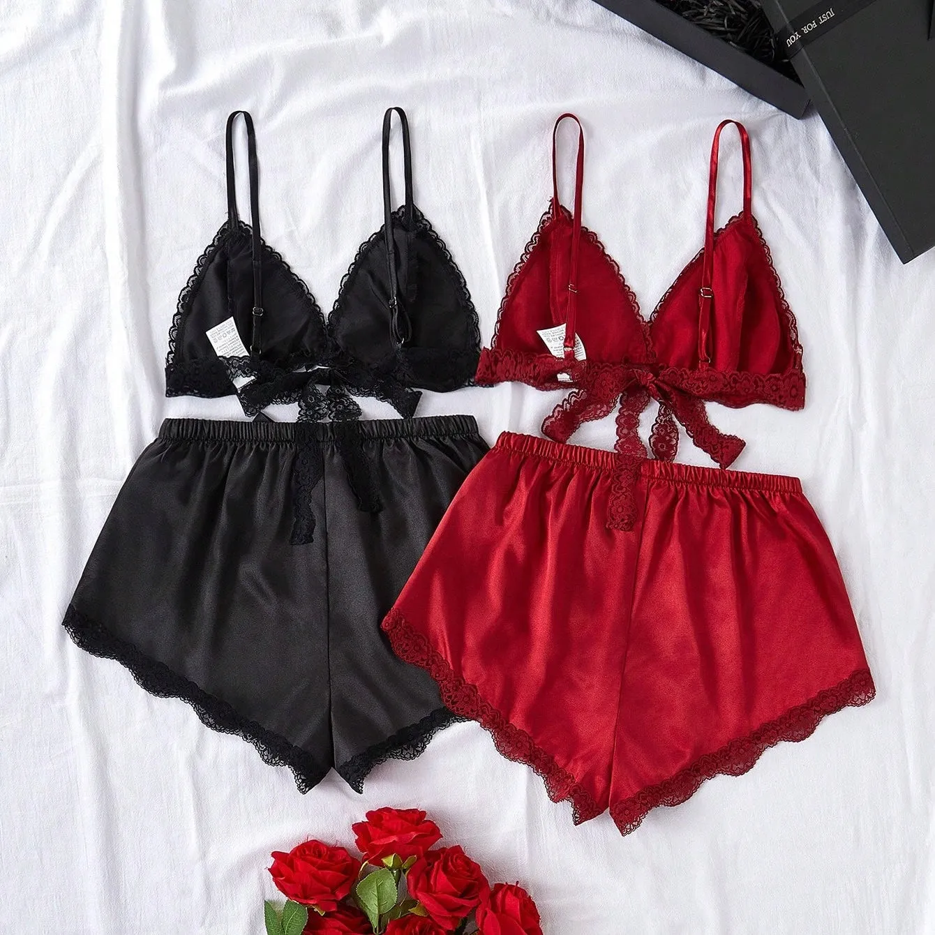 Minahasa Two Pack Pajamas Silk Set = Black & Burgundy