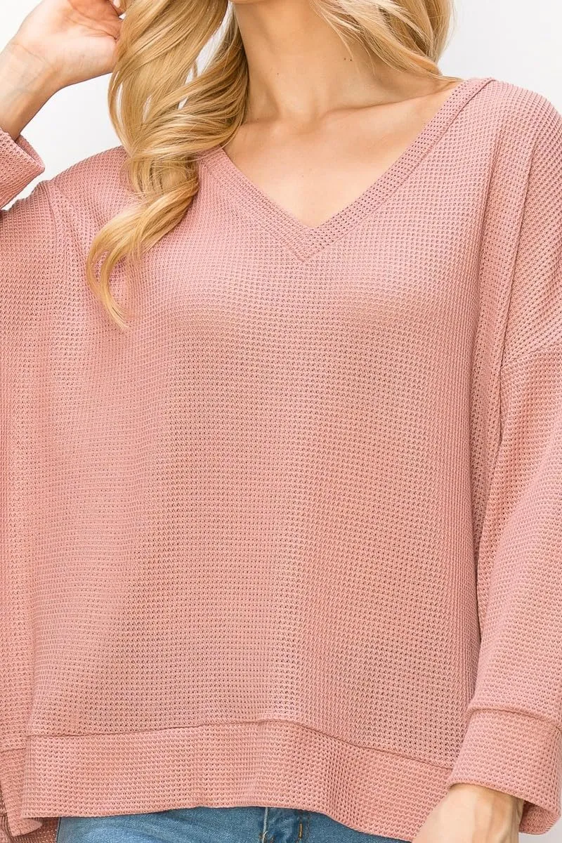 MINT PLUS PINK Women's Long Sleeve Tee Shirt V Neck Drop Shoulder Ribbed Knit Top T-Shirt