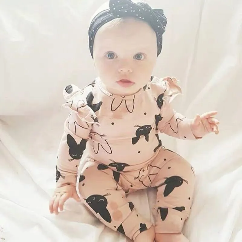 Modern Baby Girls Romper Cartoon Rabbit Pattern Cotton Long Sleeve Jumpsuit Headband Outfits Set Jumpsuit With  Bow
