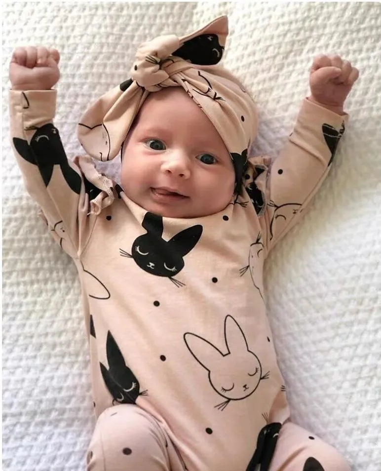 Modern Baby Girls Romper Cartoon Rabbit Pattern Cotton Long Sleeve Jumpsuit Headband Outfits Set Jumpsuit With  Bow