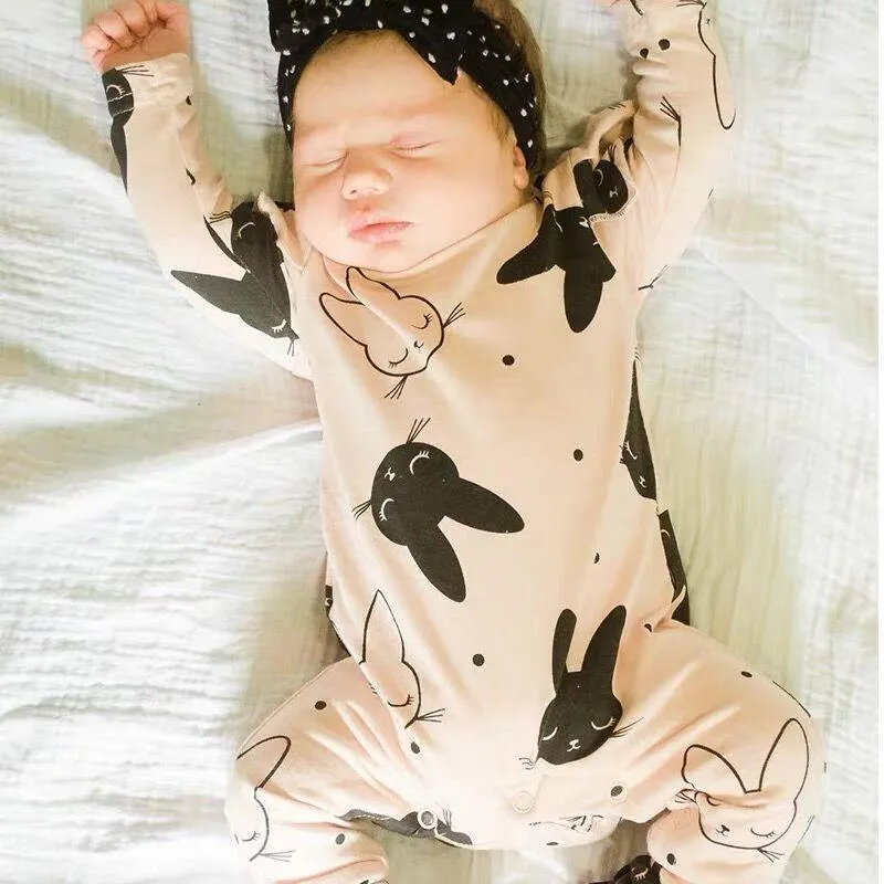 Modern Baby Girls Romper Cartoon Rabbit Pattern Cotton Long Sleeve Jumpsuit Headband Outfits Set Jumpsuit With  Bow