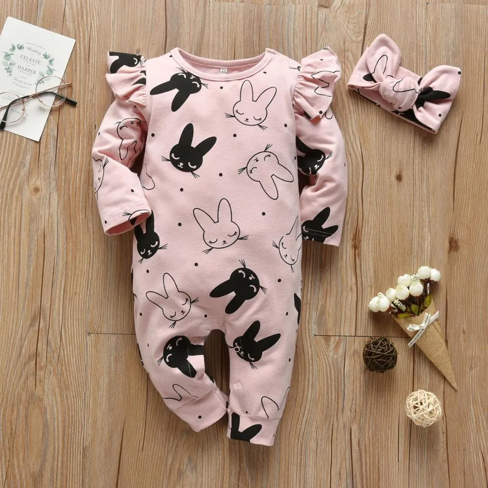 Modern Baby Girls Romper Cartoon Rabbit Pattern Cotton Long Sleeve Jumpsuit Headband Outfits Set Jumpsuit With  Bow
