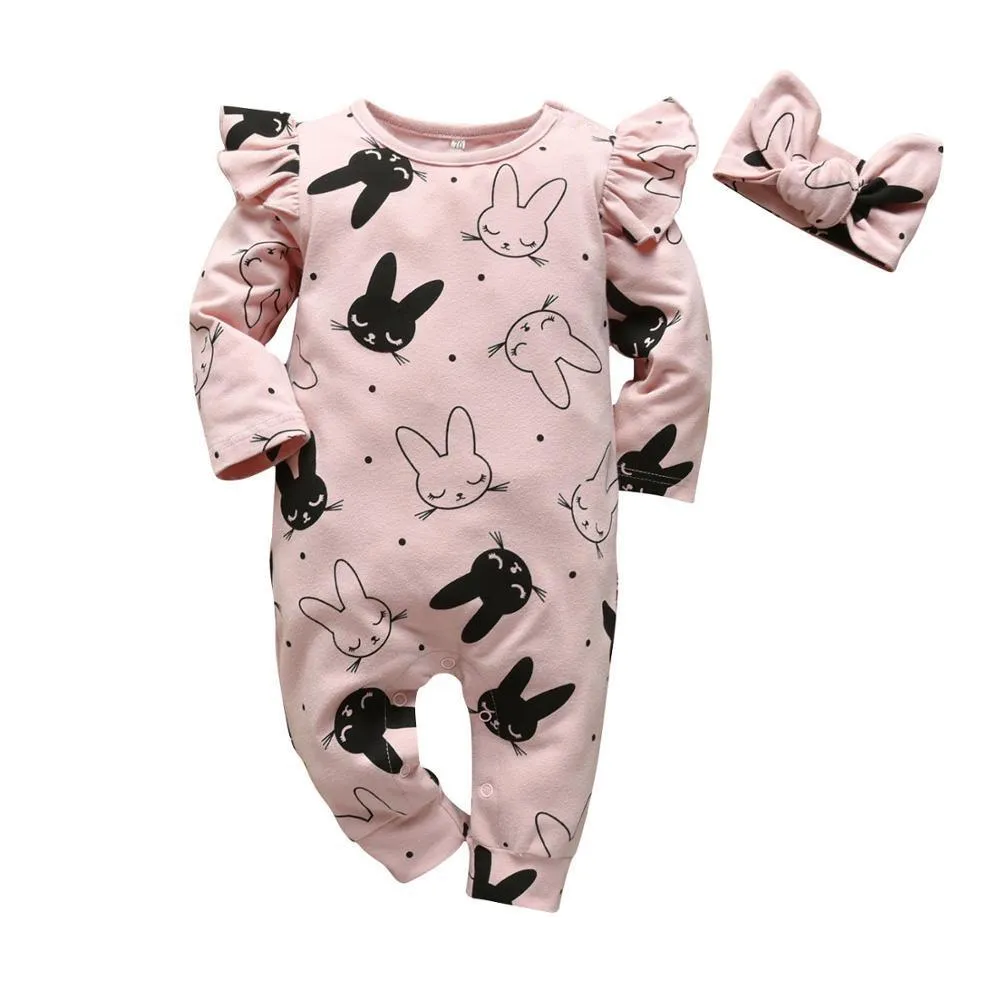 Modern Baby Girls Romper Cartoon Rabbit Pattern Cotton Long Sleeve Jumpsuit Headband Outfits Set Jumpsuit With  Bow