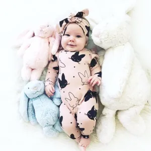 Modern Baby Girls Romper Cartoon Rabbit Pattern Cotton Long Sleeve Jumpsuit Headband Outfits Set Jumpsuit With  Bow