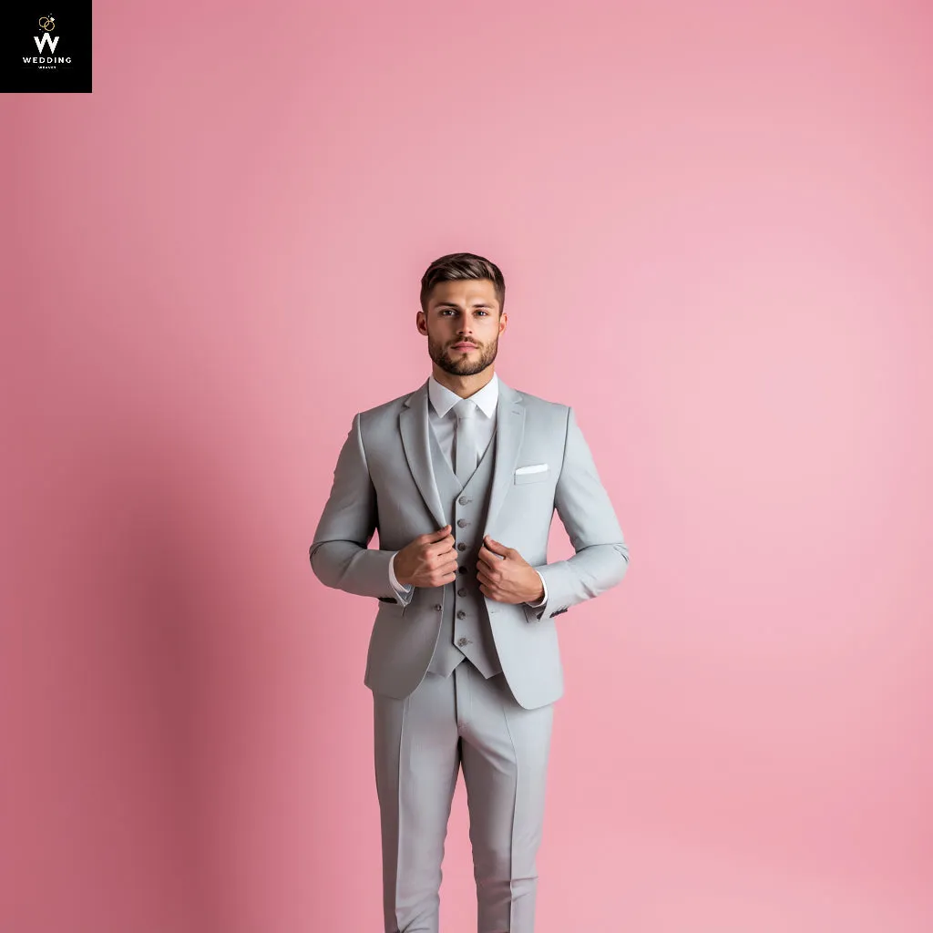 Modern Grey 3-Piece Suit with Peak Lapel – Tailored Slim Fit for Formal Elegance