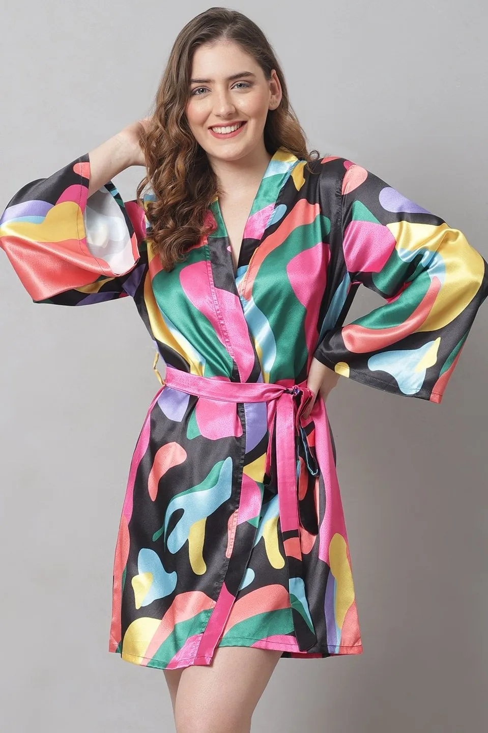 Multi Abstract Printed Satin Robe