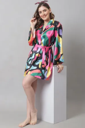 Multi Abstract Printed Satin Robe