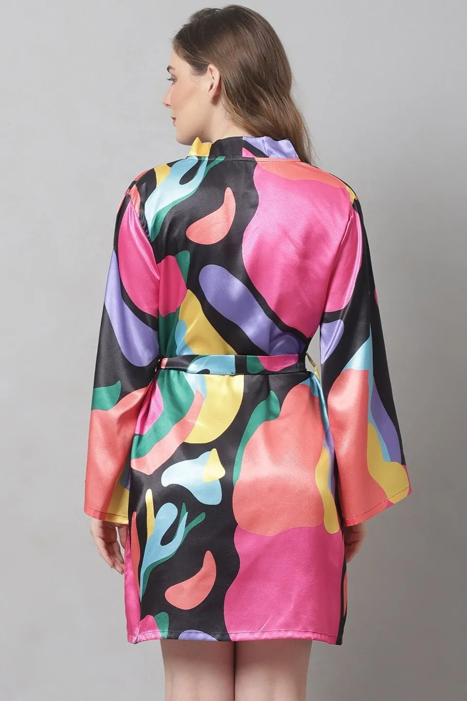 Multi Abstract Printed Satin Robe