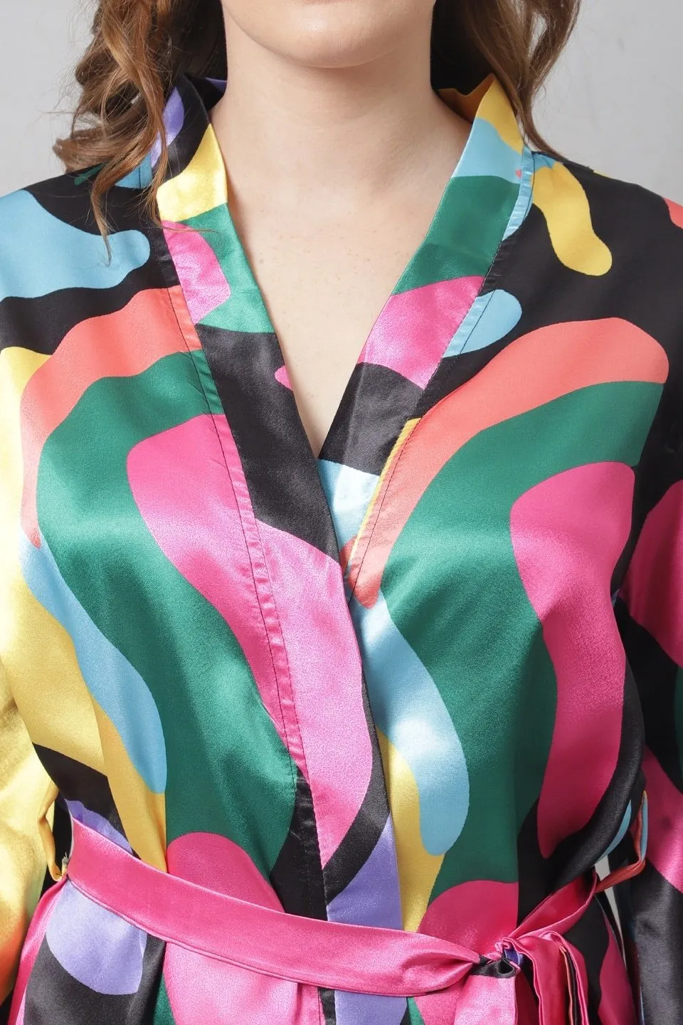 Multi Abstract Printed Satin Robe
