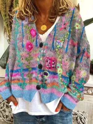 Naomie | Women Floral Colored Loose Cardigan | Three Button Front