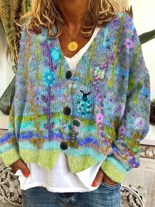 Naomie | Women Floral Colored Loose Cardigan | Three Button Front